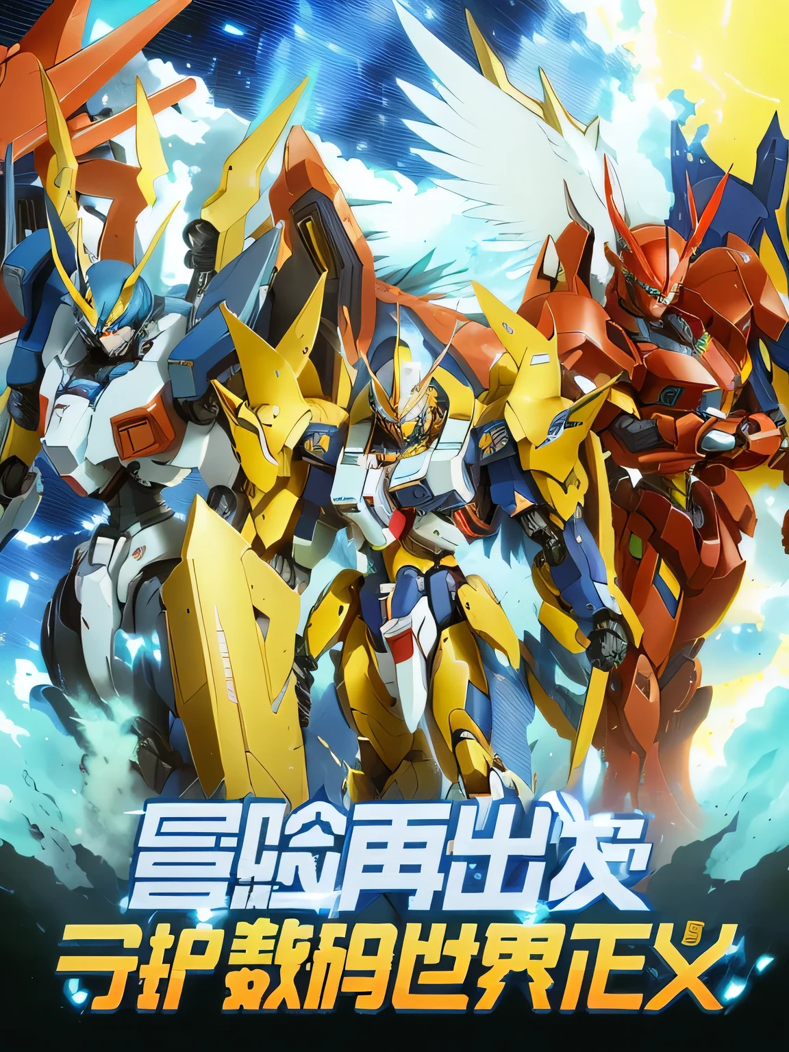 a close up of a group of anime characters standing in front of a building, super robot wars, mobile suit, digimon anime key art, digimon key art, cool mecha style, super robot, mecha wings, mecha anime, ( ( god king of ai art ) ), tremendous mecha robot, barbatos mobile suit, modern mecha anime