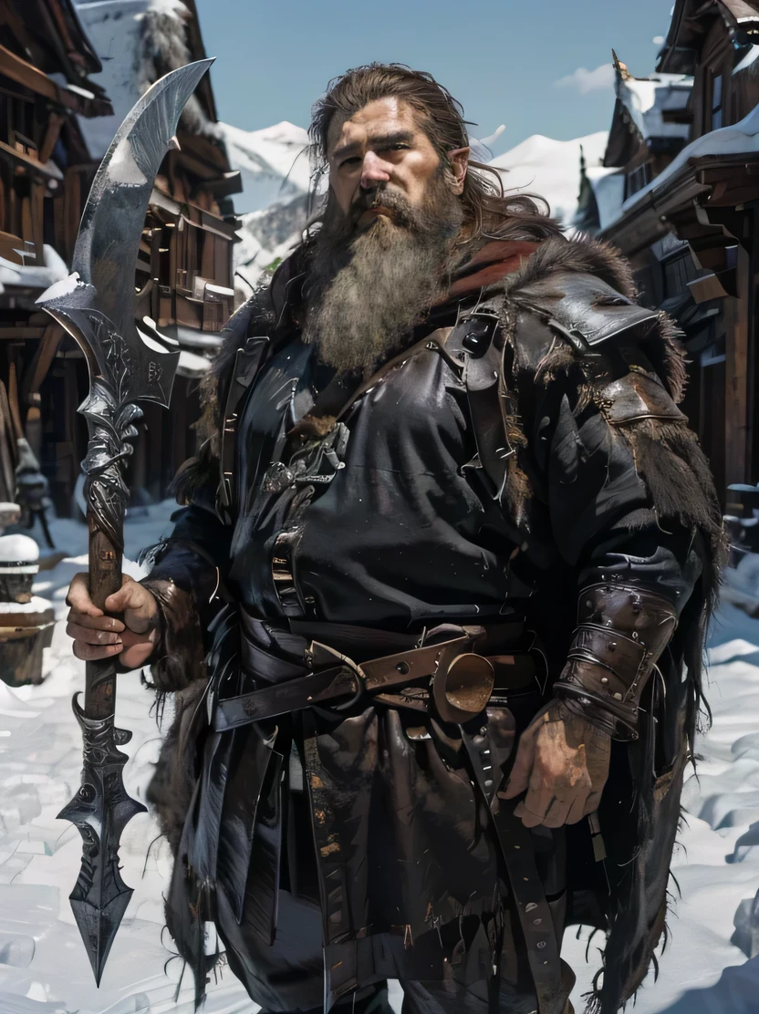 ((masterpiece、highest quality、Very detailed、High resolution、Sharp focus))、The most beautiful dungeons&Dragons artwork、Fantasy Male Dwarf、Short and chubby、Standing barefoot、Bearded、Pointed Ears、Red round nose、Winter coat with leather belt around the waist、Leather pouch、((Holding a double-edged battle axe in his hand))、Mid Shot、background: Midday Sun、sunny、Winter forest、Snow covered ground、wood、oil painting、holding axe