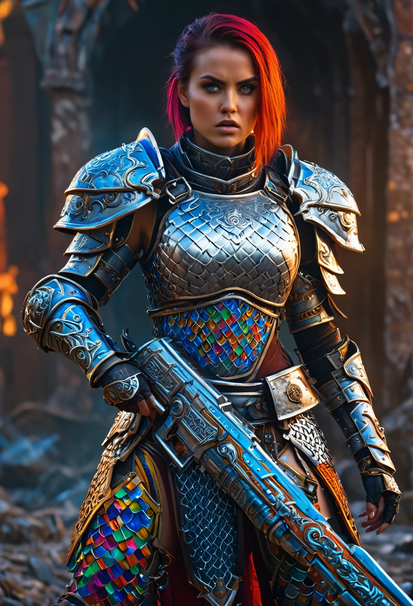 a female warrior, fantasy, ornate chainmail armor, lots of protective colorful clothing, wielding a Warhammer Bolter, detailed facial features, expressive eyes, dramatic lighting, cinematic perspective, intricate armor details, vibrant colors, epic fantasy scene, muscular female figure, heroic pose, scifi elements, detailed textures, photorealistic, 8k, best quality, masterpiece
