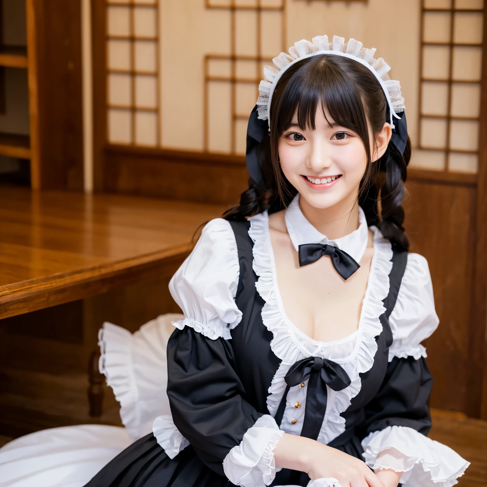 Cute face like an 18-year-old idol　Smiling Kindly　Japanese Gothic Lolita　Cosplay　Frills　Maid clothes　Cleavage　Slightly large bust　indoor　Full body portrait　RAW Photos　Genuine