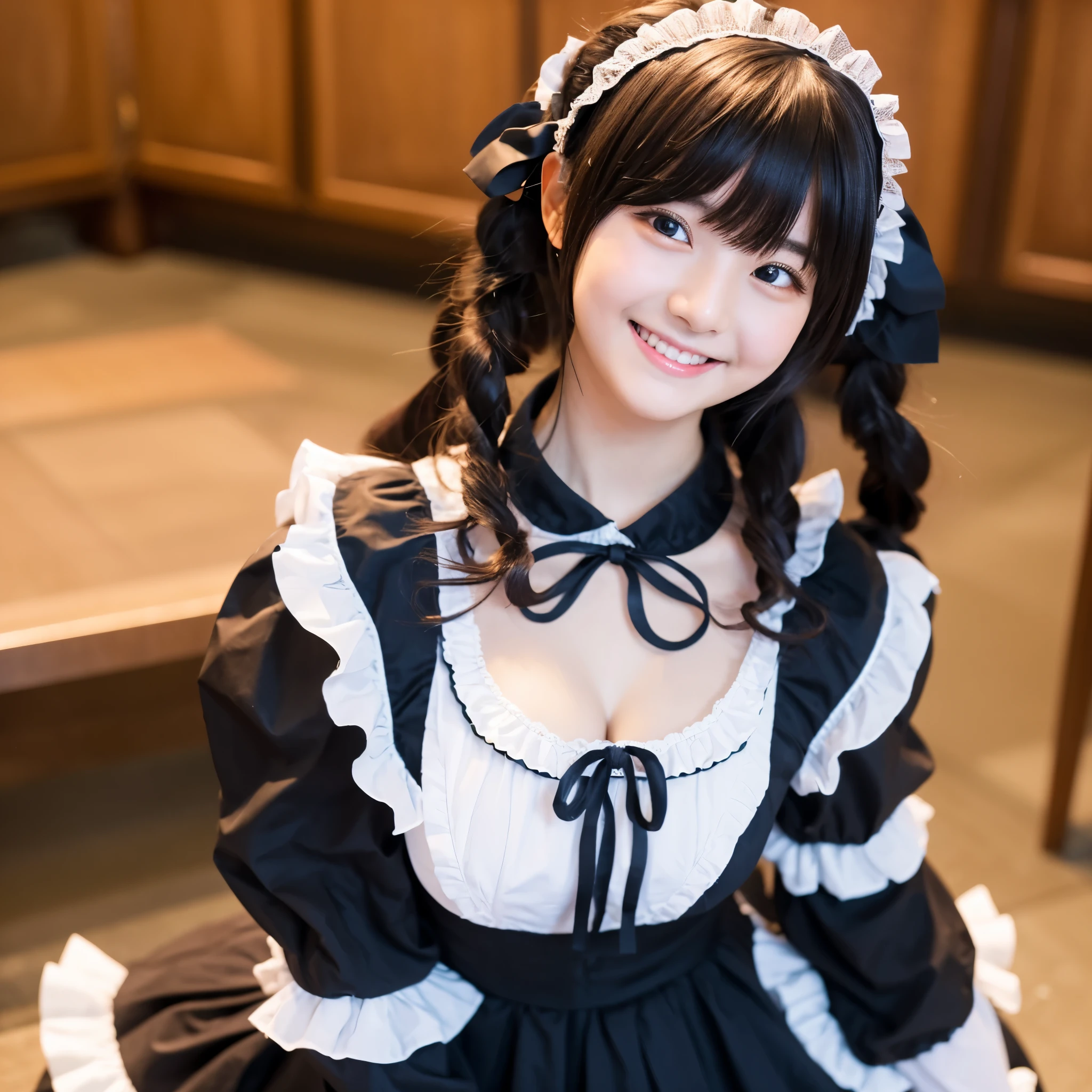 Cute face like an 18-year-old idol Smiling Kindly Japanese Gothic Lolita Cosplay Frills Maid clothes Cleavage Slightly large bust indoor Full body portrait RAW Photos Genuine