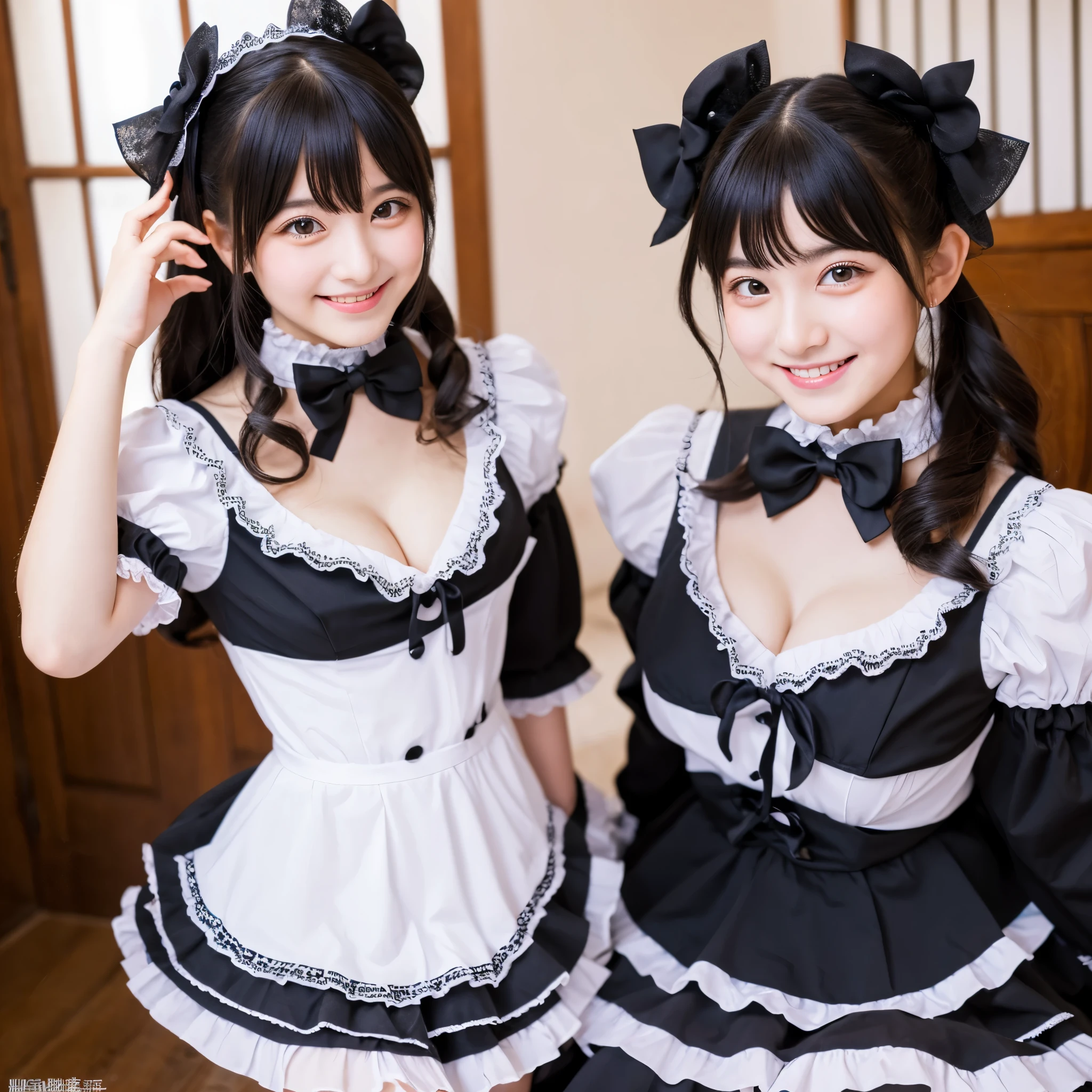 Cute face like an 18-year-old idol Smiling Kindly Japanese Gothic Lolita Cosplay Frills Maid clothes Cleavage Slightly large bust indoor Full body portrait RAW Photos Genuine