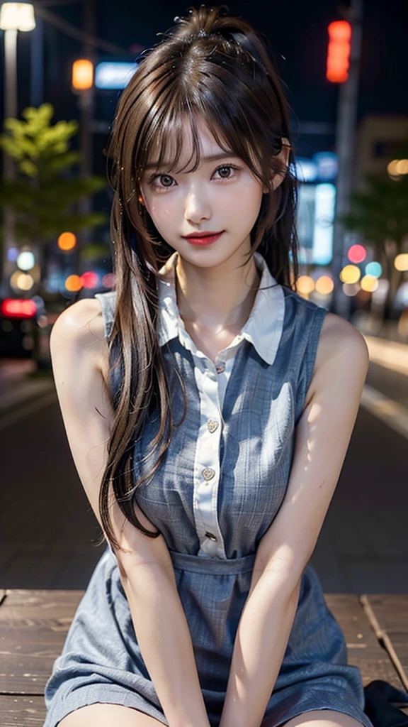 One Girl,(hires.fix:1.4)、(Shirt dress with collar:1.4)、(RAW Photos, highest quality, 8k wallpaper), (Realistic, Photorealistic:1.4), (My hair is messy, Asymmetrical bangs, Dark brown hair,ponytail:1.3),smile、 Very delicate and beautiful, Very detailed,  wonderful, In detail, Very detailedなCG Unity, High resolution, Soft Light, Beautifully detailed 19 year old girl, Very detailedな目と顔, Beautifully detailed nose, Beautiful fine details,Cinema Lighting,City lights at night,Perfect Anatomy,Slim body, large breasts,
Seductive pose,The chest is slightly visible,Large breasts sagging due to gravity,  Spread your legs, 