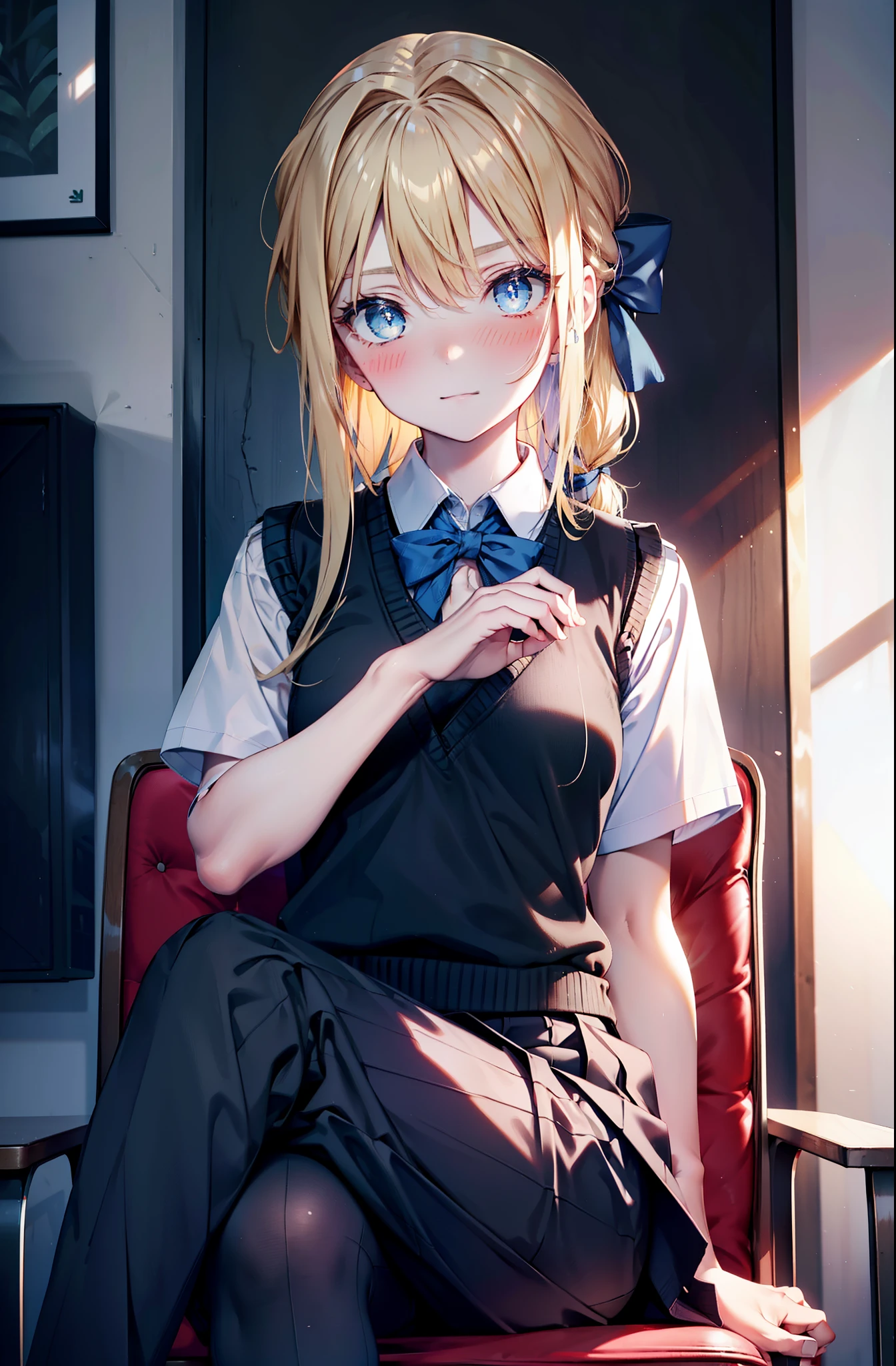 Arisburg, Alice Zuberg, bangs, blue eyes, Blonde Hair, Hair between the eyes, Very long hair, hair band, white hair band,smile,blush,
break outside, Residential Street,city,break skirt, shirt, bow, ribbon, , white shirt, Short sleeve, Pleated skirt, collared shirt, mini skirt, bowtie, Black Loafers , Black Skirt, Black pantyhose, Brown loafers, green bow, Sweater vest, ( blue Sweater vest:1.5),sitting cross-legged on a chair,breakindoors ,School,classroom,
break looking at viewer, whole body,
break (masterpiece:1.2), highest quality, High resolution, unity 8k wallpaper, (shape:0.8), (Fine and beautiful eyes:1.6), Highly detailed face, Perfect lighting, Highly detailed CG, (Perfect hands, Perfect Anatomy),