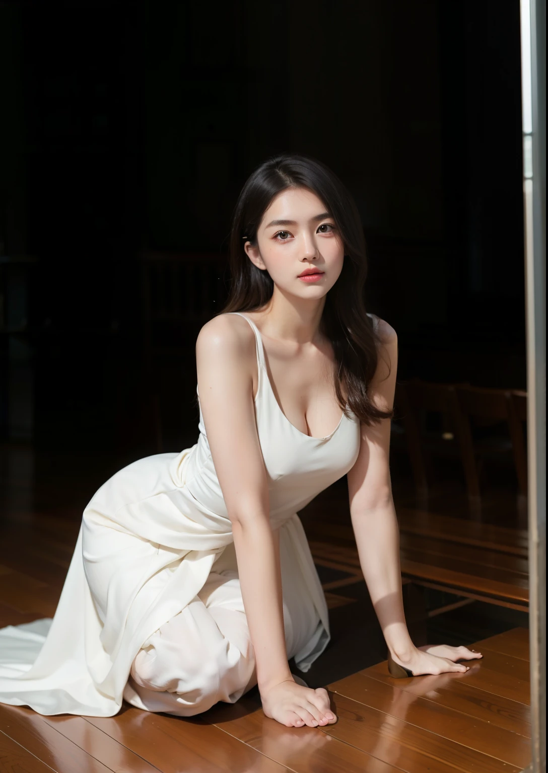 Beautiful 25 year old tall and slender woman。perfect legs. perfect face. She is fashion model. She is staying in the old classic church. She is wearing a wedding dress that a leg is visible. She is illuminated by sunset light. the evening church lights is on . her dark brawn hair. High resolution、masterpiece、highest quality、頭w:1.0、((Hasselblad Photos))、fine skin、(movie lighting)、clavicle . full body picture.