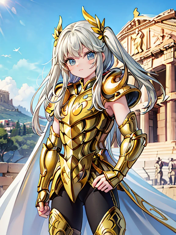 masterpiece, highest quality, Very detailed, 16k, Ultra-high resolution, Cowboy Shot, Detailed face, Perfect Fingers, One female, aged 14, Greece, In front of the Parthenon, aries, alter, golden armor, shoulder armor