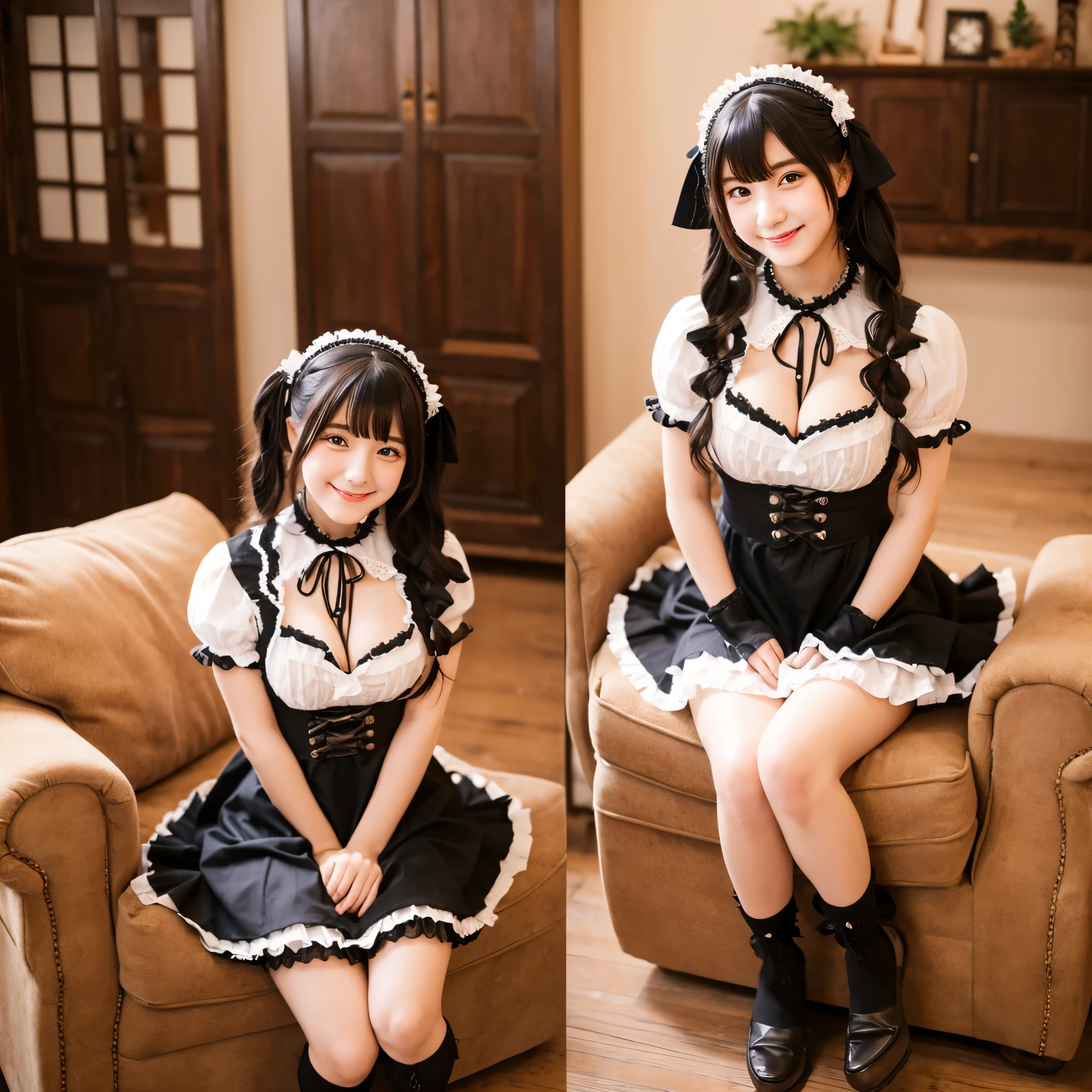 Cute face like an 18-year-old idol Smiling Kindly Japanese Gothic ta Cosplay Frills Maid clothes mini skirt Cleavage Slightly large bust indoor Western-style living room ((Full body portrait)) RAW Photos Genuine