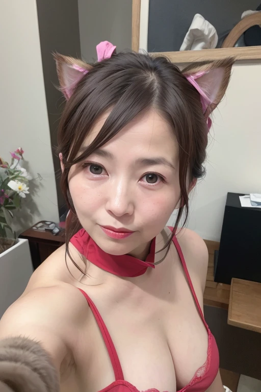55 year old mature Japanese woman, beautiful, Sensual, Long eyelashes, Small breasts, Chubby body type, Full Nude Pose, ((Cat ear)), Low Ponytail, collar, Red lipstick, Charismatic, Erotic elegance, Orgasmic, Cat Paw Pose, Super detailed, Very realistic, Ultra-fine detail, Cinema Lighting, Dramatic Shadows, Complex Texture, Vibrant colors, masterpiece, Awards, Realistic, Studio Lighting