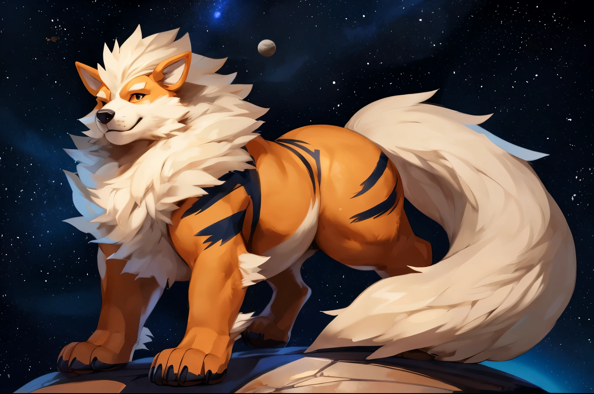 4k ultra quality, 4k full body view,(ultra high detailed body),((feral)) arcanine,by mystikfox61, by glitter trap boy,feral paws, by bebebebebe,by morethreedee, by seibear,(thick thigh),(chubby thigh),thicc thigh,thick legs,chubby legs,thicc legs,massive butt,enomorous thigh,massive thigh,massive legs,thick lower legs,wide legs,(detailed thigh),(wide thigh),fluffy belly sharp nails,((sfw)),(ultra detailed face),detailed eyes,big tail,fluffy tail,(detailed tail),enomorous tail,bigger tail,huge tail,volumetric light,big paws,(thick paws),fluffy paws,furry paws,enomorous paws,(feral focus), beast,(bigger lower body),(long legs),master works, super fine, 4k resolution, high quality,high picture detail,dark fantasy,illusory engine, Masterpiece,front view,faint lighting,chubby (feral) body,on a planet,in space