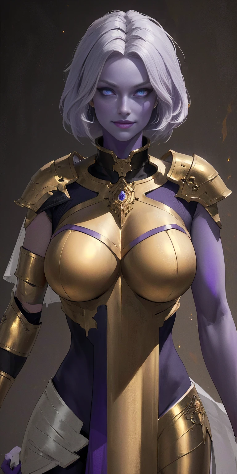 (chest covered)(smile) Purple skin, pale golden hair and violet eyes. They prefer clothing of white and silver with cloaks of deep blue or purple, huge_knockers, ((very precise detailed)) ((high res), Golden bracers (plain background)