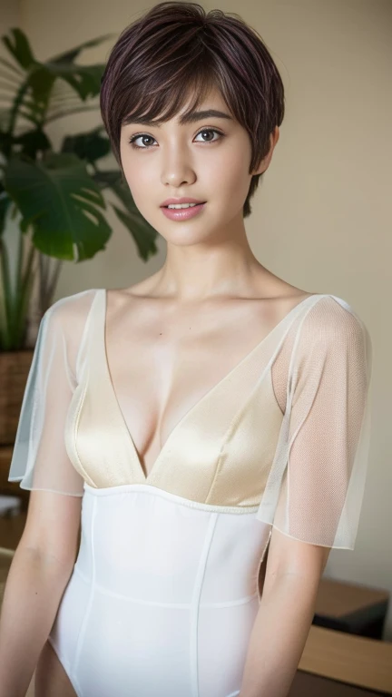 ((highest quality, 8k, Tabletop :1.3)), One girl(dye hair brown, Pixie Cut), White sheer leotard :1.1, Highly detailed face(Round face 0.5), Fine grain, double eyelid.Sharp focus: 1.2, (Enhances the beauty of skin texture:1.1).Sensual beauty.(Full Body Shot).smile.(Flat chest 1.8).RAW Photos