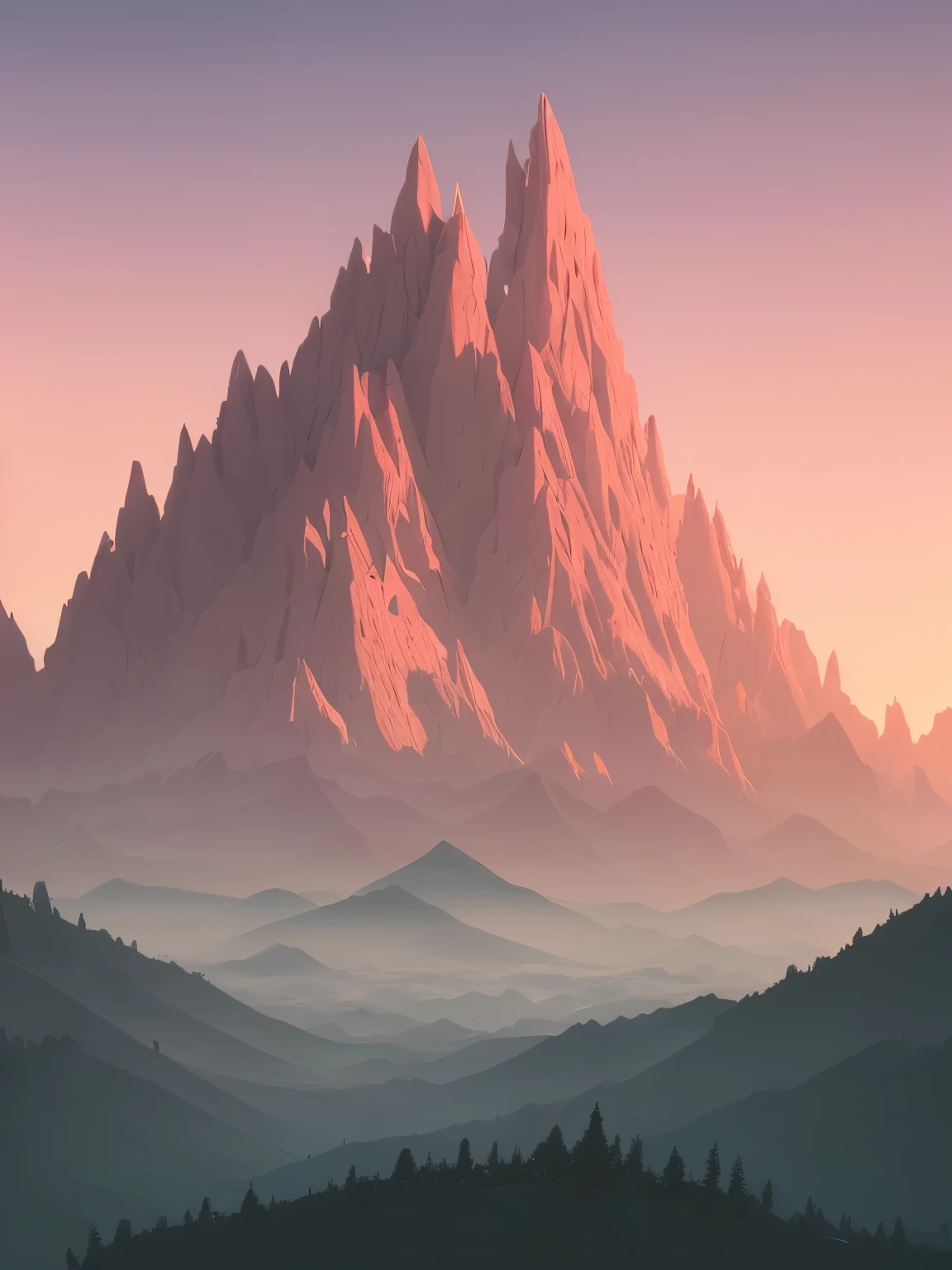 a sunset view of mountains and trees in the distance, a digital painting inspired by Mike Winkelmann, trending on behance, pixel art, beeple and mike winkelmann, realism | beeple, mountainscape, mountain sunrise, art contest winner on behance, digital art. artstation, beeple daily art, mountains and sunset!!