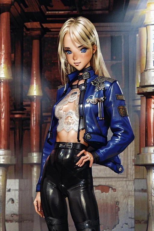 (realistic illustration:1.3)).(full body:1.4). Beautiful 25 yo woman of Nordic descent. Natural blonde, blue eyes, sexy fit figure, natural breasts, shapely toned legs, perfect ass,(smile:1.1), Leather jacket, lace top, pencil skirt, high heels. (highly detailed:1.2),(detailed face and eyes:1.2), cinematic lighting, bokeh.