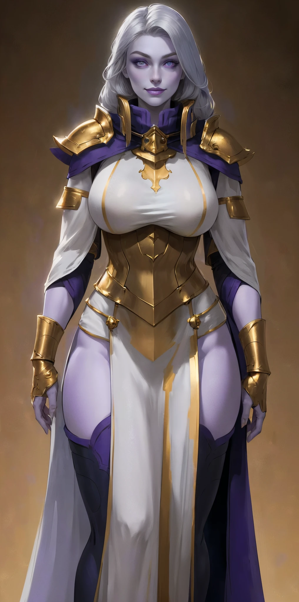(Female drow)(chest covered)(smile) Gray skin, pale golden hair and violet eyes. They prefer clothing of white and silver with cloaks of deep blue or purple, huge_knockers, ((very precise detailed)) ((high res), Golden bracers (plain background)