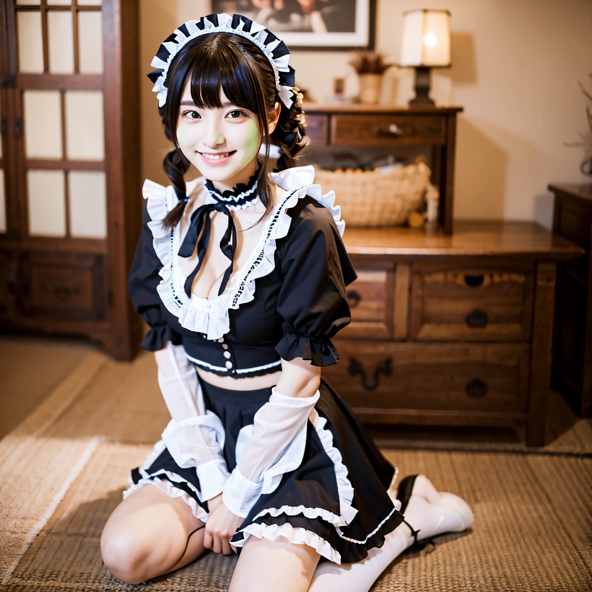 Cute face like an 18-year-old idol Smiling Kindly Japanese Gothic ta Cosplay Frills Maid clothes mini skirt Cleavage Slightly large bust indoor Western-style living room ((Full body portrait)) RAW Photos Genuine