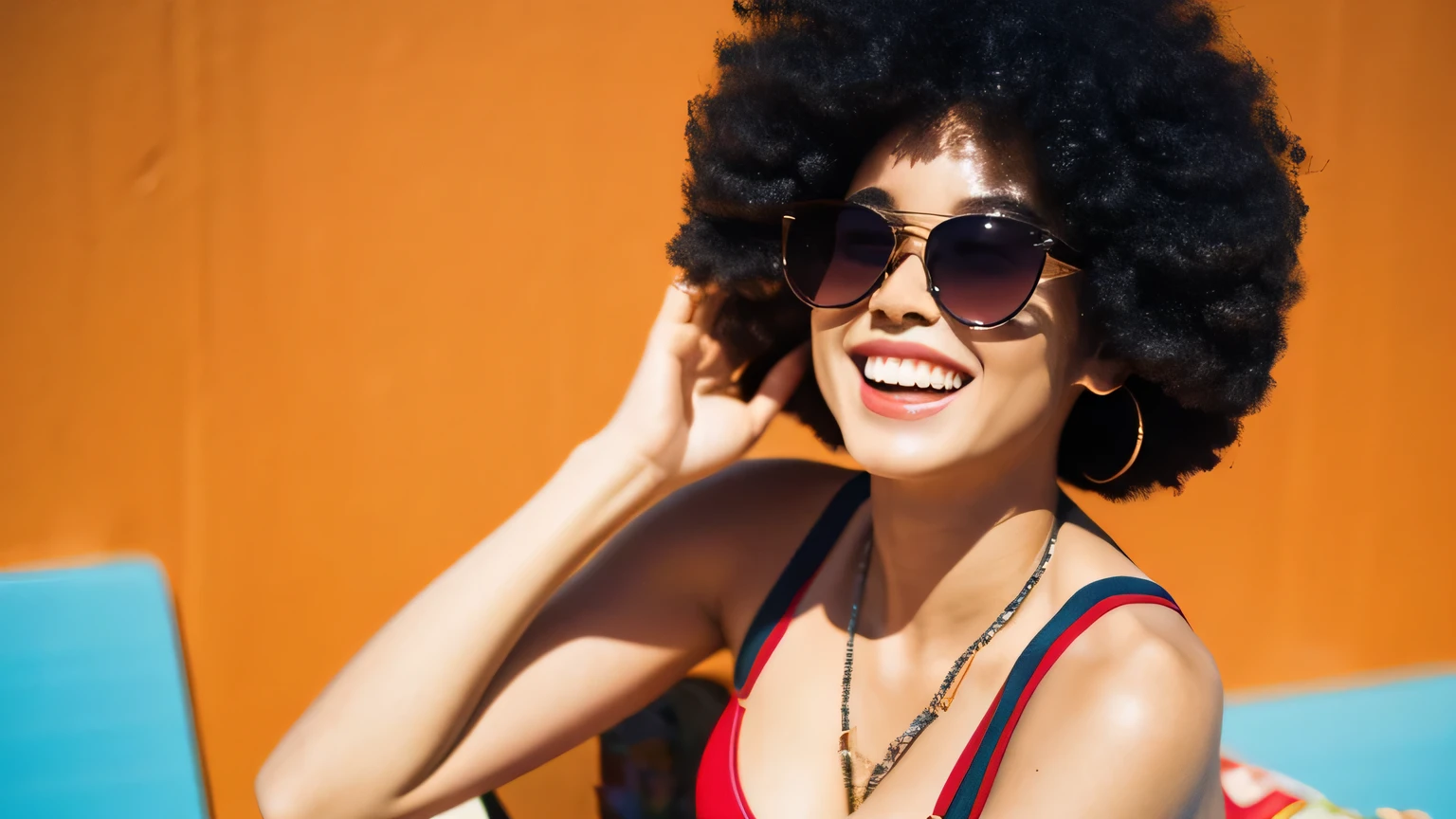 (masterpiece, best quality, 8k wallpaper, high resolution, ultra realistic), 1970s pop culture anime style,, one girl, 20 years old, afro-haired Japanese (masterpiece:1.2, best quality), (realistic, photorealistic:1.4),"(masterpiece, best quality), afro hair, looking at viewer, wearing sunglasses, swimsuit, cleavage, D cup, sexy pose, dynamic pose, full body, white skin, black hair, looking forward, laughing, psychedelic, 1970s sunglasses,