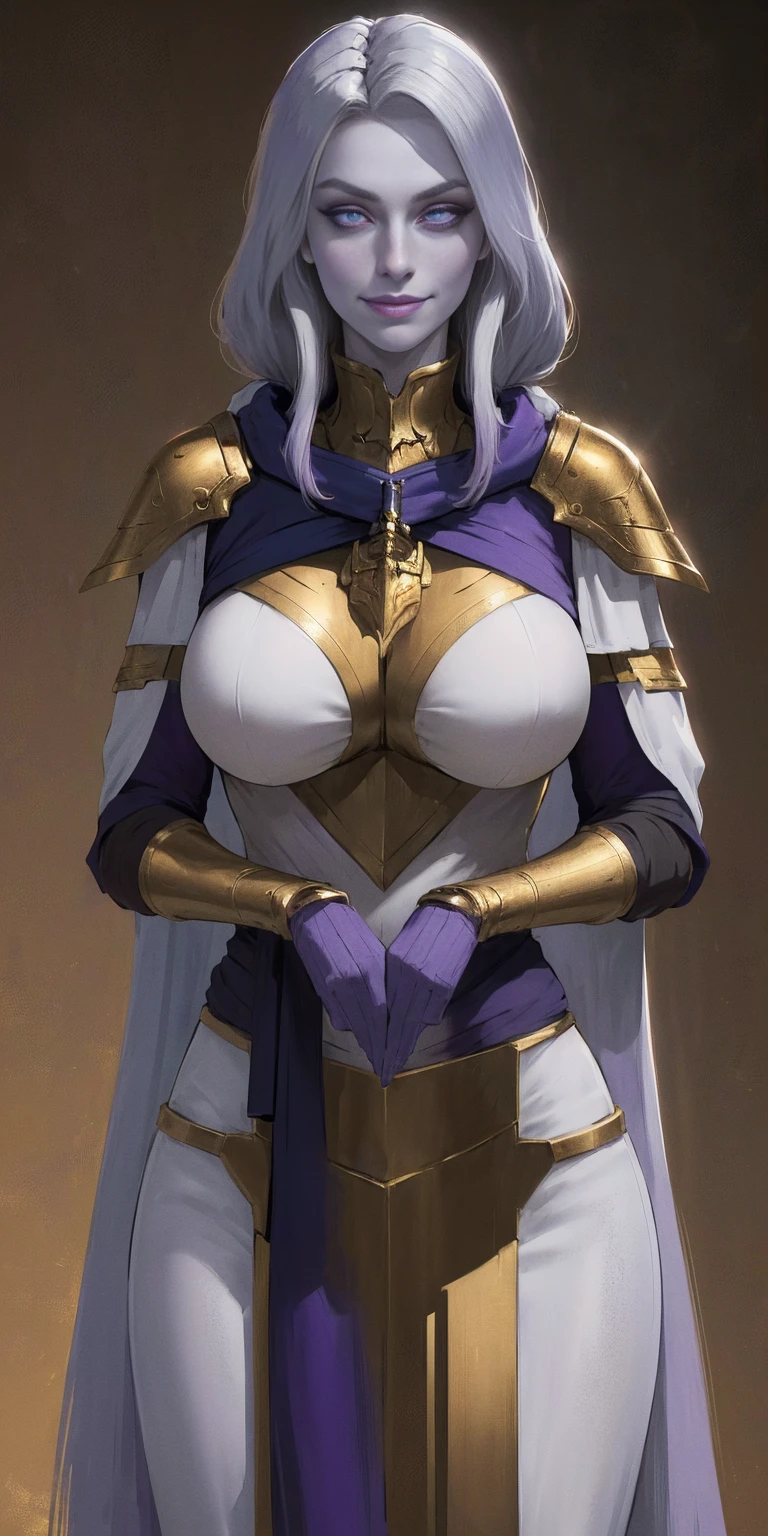 (Female drow)(chest covered)(smile) Gray skin, pale golden hair and violet eyes. They prefer clothing of white and silver with cloaks of deep blue or purple, huge_knockers, ((very precise detailed)) ((high res), Golden bracers (plain background)