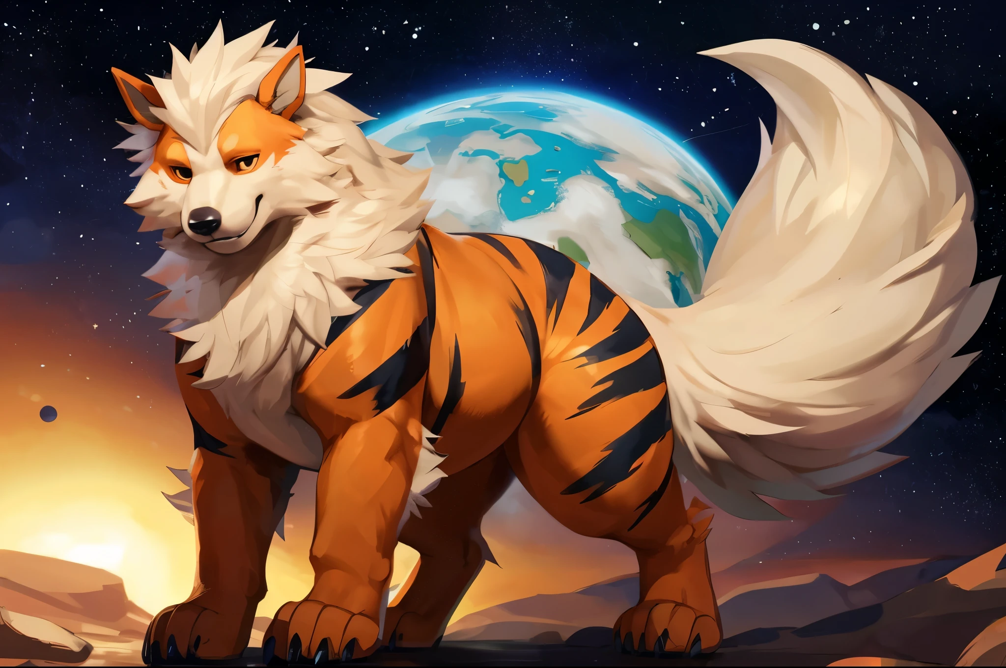 4k ultra quality, 4k full body view,(ultra high detailed body),((feral)) arcanine,by mystikfox61, by glitter trap boy,feral paws, by bebebebebe,by morethreedee, by seibear,(thick thigh),(chubby thigh),thicc thigh,thick legs,chubby legs,thicc legs,massive butt,enomorous thigh,massive thigh,massive legs,thick lower legs,wide legs,(detailed thigh),(wide thigh),fluffy belly sharp nails,((sfw)),(ultra detailed face),detailed eyes,big tail,fluffy tail,(detailed tail),enomorous tail,bigger tail,huge tail,volumetric light,big paws,(thick paws),fluffy paws,furry paws,enomorous paws,(feral focus), beast,(bigger lower body),(long legs),master works, super fine, 4k resolution, high quality,high picture detail,dark fantasy,illusory engine, Masterpiece,front view,faint lighting,chubby (feral) body,on a planet,in space