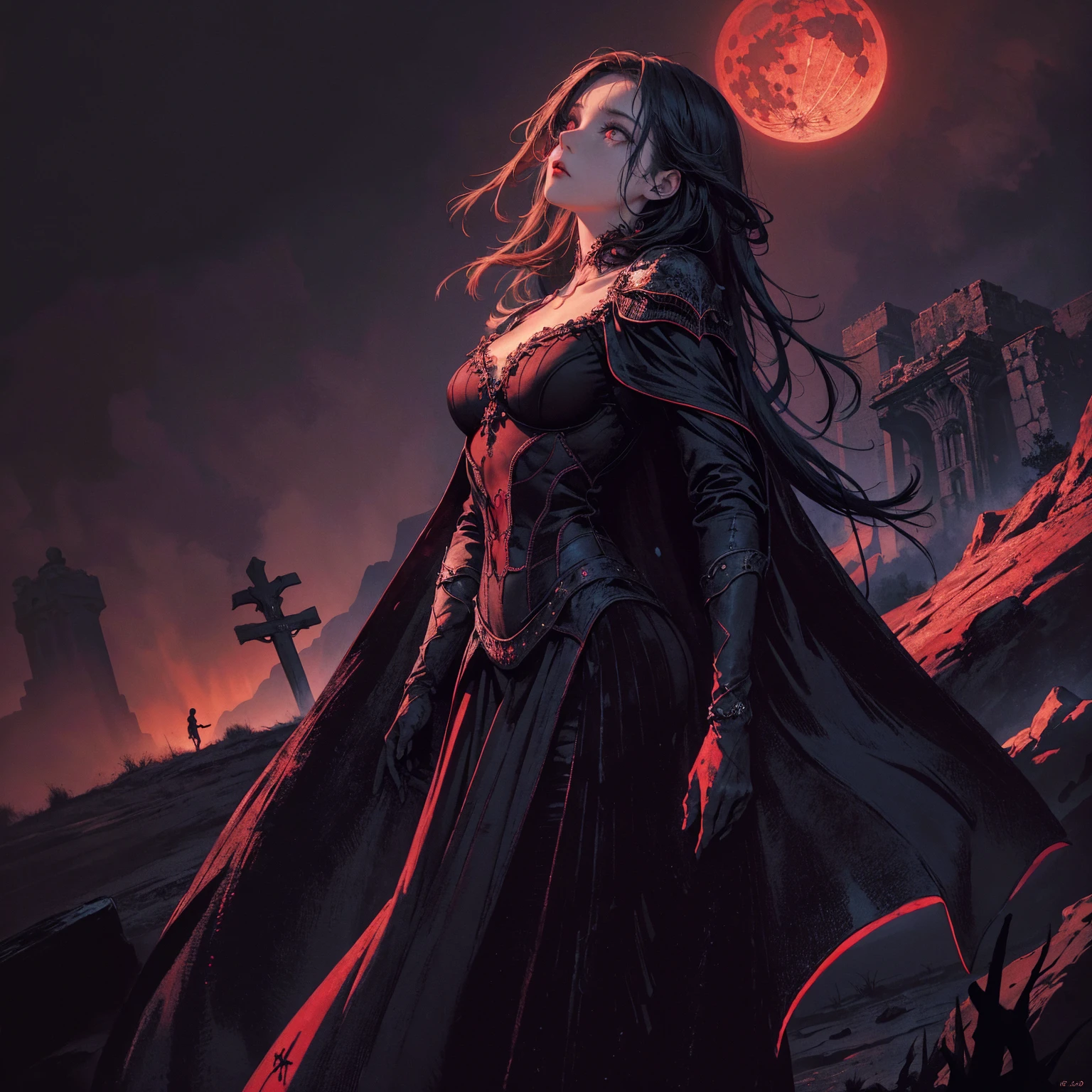 best quality, 4k, High resolution, masterpiece:1.2, Extremely detailed, Practical:1.37, Mood lighting, girl, Crucified, Pitch black sky, Red Moonlight, Weird atmosphere, Gothic style, Unforgettable beauty, Dramatic shadows, Ethereal Light, Mysterious atmosphere.