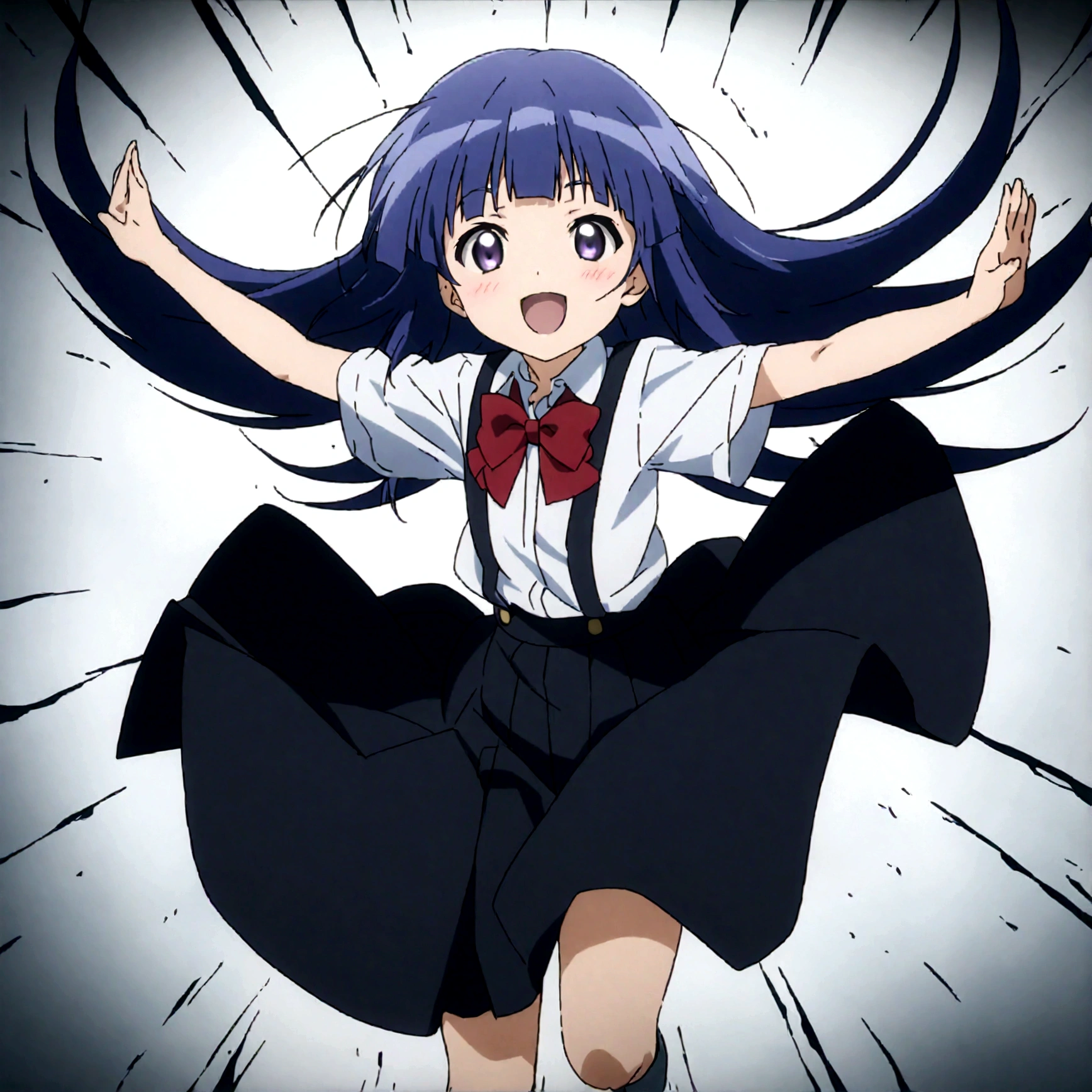 score_9,score_8, score_8_up, BREAK 1girl, solo, furude rika, (tween), kawaii, blue hair, purple eyes, long hair, blunt bangs, bangs,, bow, skirt, shirt, suspenders, smile, short sleeves, pleated skirt, white shirt, open mouth, :d, red bow, facing viewer,^_^, suspender skirt, , black skirt, collared shirt, blush, bowtie, blunt bangs, dress shirt,masterpiece, best quality, source_anime,ceiling, ceiling light, great lighting, detailed shadows, detailed body, anime artwork,anime style, key visual, vibrant, studio anime, highly detailed, anime coloring,,fullbody,spread leg,battoujutsu,motion blur,motion lines,dynamic angle,simple background, white background.