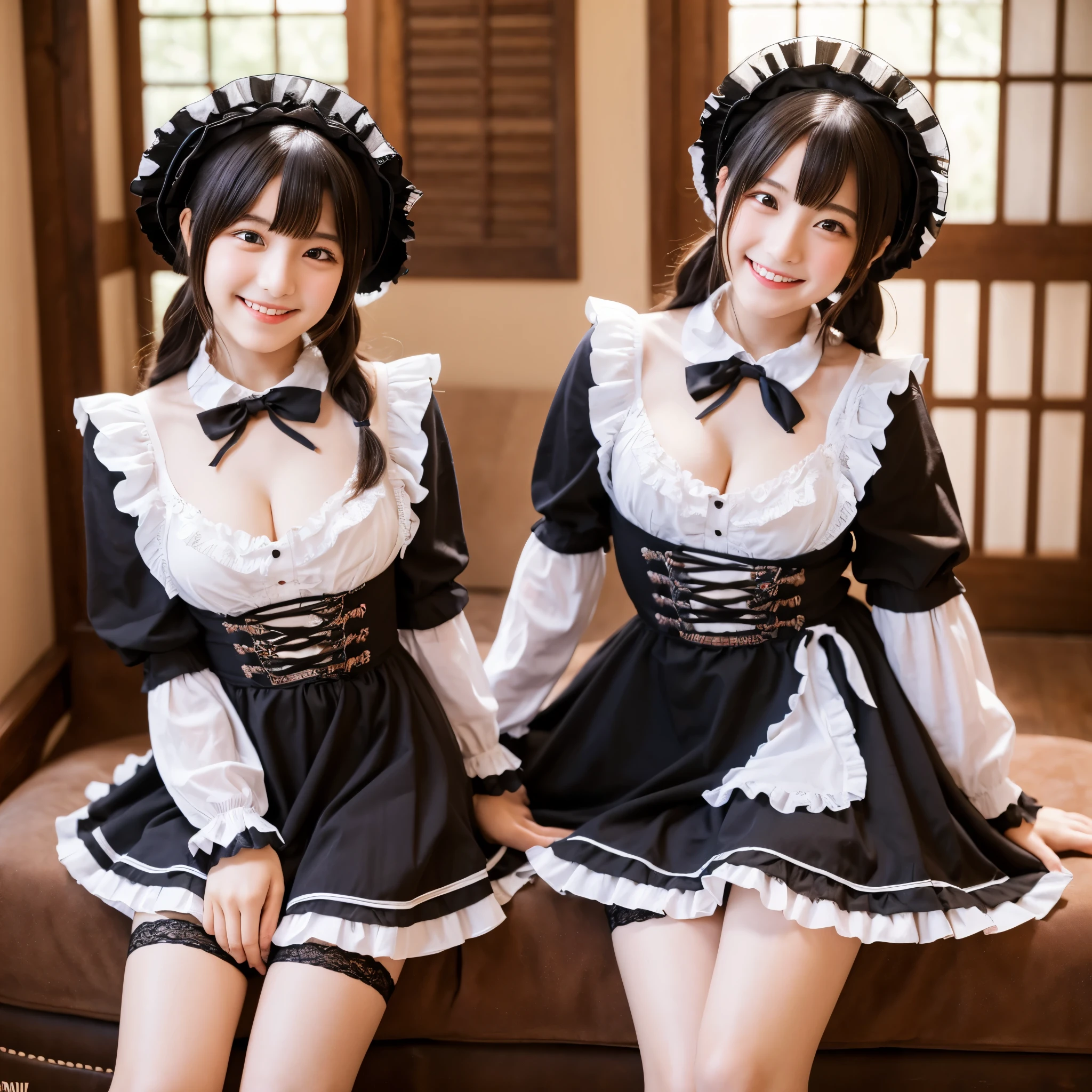 Cute face like an 18-year-old idol　Smiling Kindly　Japanese Gothic ta　Cosplay　Frills　Maid clothes　mini skirt　Cleavage　Slightly large bust　indoor　Western-style living room　((Full body portrait))　RAW Photos　Ultra-high resolution　Genuine　live-action　Realistic