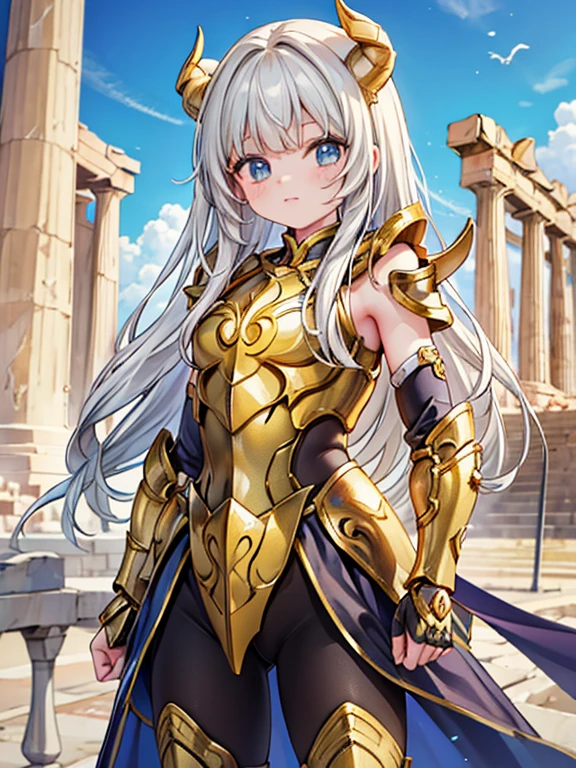 masterpiece, highest quality, Very detailed, 16k, Ultra-high resolution, Cowboy Shot, Detailed face, Perfect Fingers, One female, aged 14, Greece, In front of the Parthenon, aries, alter, golden armor, shoulder armor