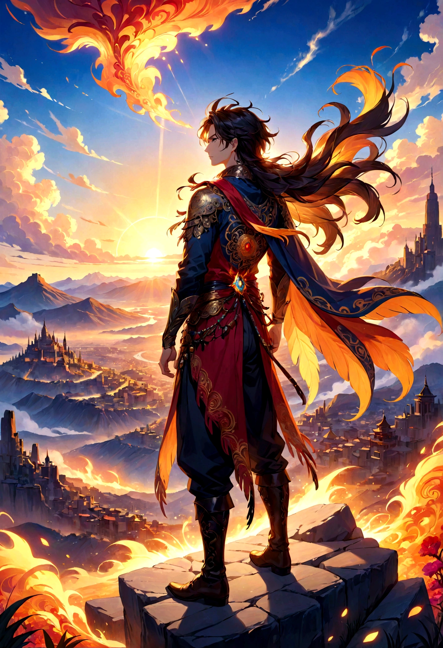 Official Art、Unified 8k wallpaper、Super detailed、Zen Tangle and Mandala Entangment Masterpieces:1.2、Dynamic angle of cowboy、Captivating the most beautiful chaotic shapes。 The magnificent Fauvist design、Bathed in the golden glow of the Sun God、Adorned with a strong cowboy, his feathers ablaze with the vibrant hues of a thousand sunsets。The whole scene is filled with the romanticism and atmosphere of the western frontier.、A distant cityscape silhouetted against a dusk background。 Lonely cowboy at sunset、