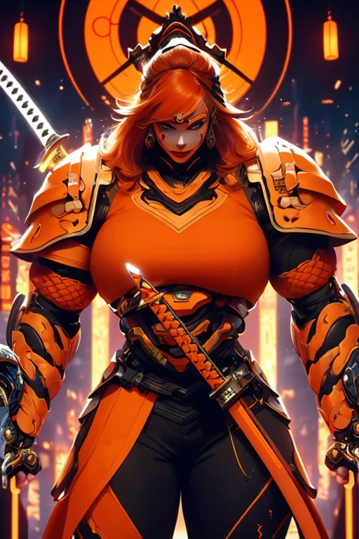 ((((Massive, beautiful, buff, muscular pale white skinned female samurai with orange hair, black lipstick, ginormous bulky muscles, holding a orange fire sword and wearing an all orange cyber samurai armor with pants)))), {close view}, black eyeliner, massive muscles, large breast, massive biceps, hyper muscle triceps, (long shaggy hair), green eyes, samurai boots, In a futuristic city, sleeveless, steel samurai armor, nighttime, closed smile, hyper muscles arms, hyper muscle legs, ginormous arms