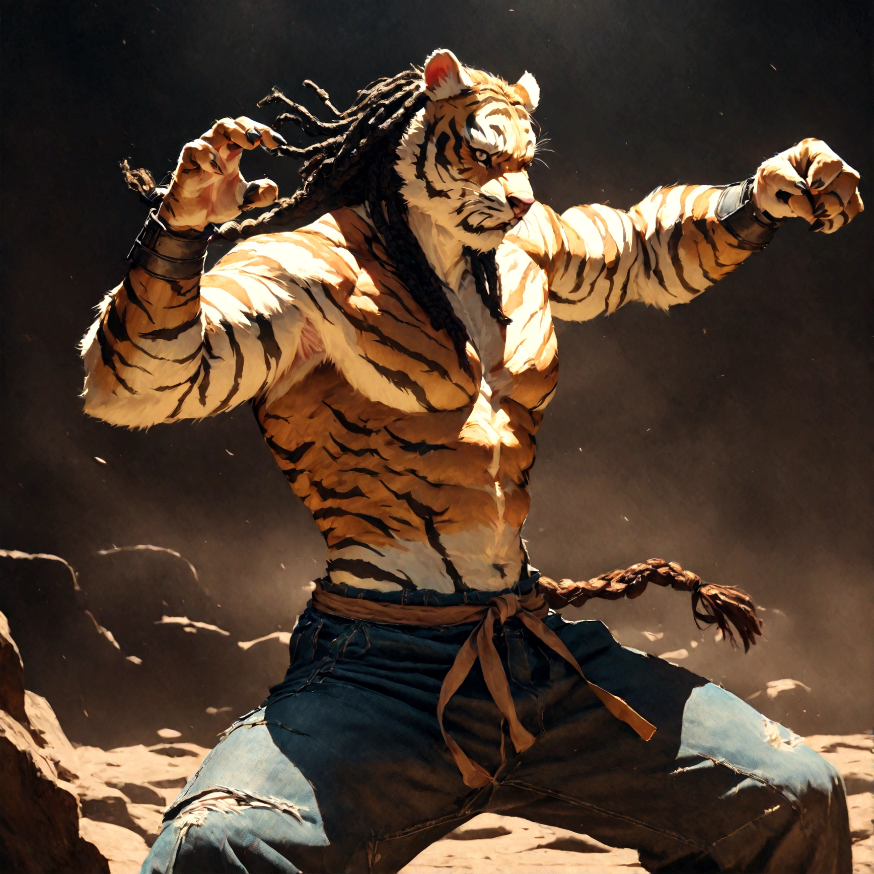 a muscular male furry tiger man, skinny, athletic, wearing leather fingerless gauntlets, long braided dreadlocks, scars and tattoos, tattered jeans, hyper detailed, 8k, photorealistic, dramatic lighting, cinematic composition, dark moody atmosphere, warm color palette has white fur on chest, is fuzzy, martial artist, action pose