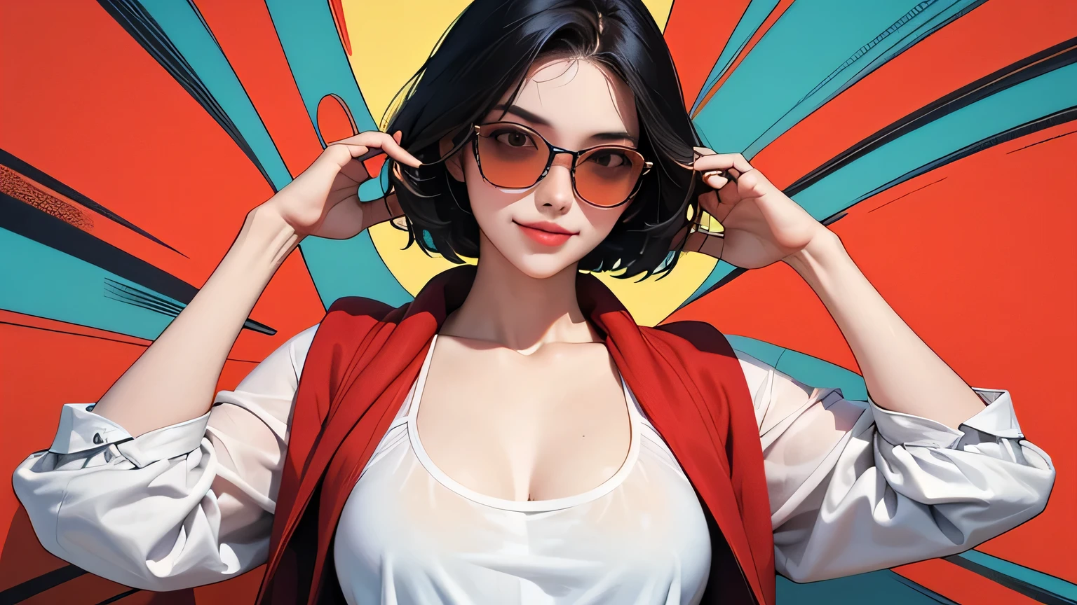 (masterpiece, best quality, 8k wallpaper, high resolution, ultra-realistic) Solo woman, Japanese girl, 18 years old, short hair, sunglasses, long red scarf around neck, (masterpiece: 1.2, best quality), (realistic, photorealistic: 1.4), (masterpiece, best quality), looking at you, navy blue school swimsuit, cleavage, D cup, sexy pose, kenpo pose, full body, best proportions, white skin, black hair, looking forward, smiling, 1970s sunglasses, psychedelic background