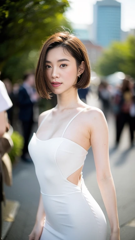 masterpiece, 8K, photoactual, optimal ratio, Detailed face, ((Audience watching)), , actual, Shapely bust, slender figure, Photo with upper body facing forward, Delicate and beautiful hair, delicate skin, RAW color art, Diffuse soft light, sharp focus, movie lighting、Smile、bride wearing、18 years old、Japanese beauty、short hair hairstyle、New York at night、、blurred background、Upper body photo、White wedding dress、short hair hairstyle、