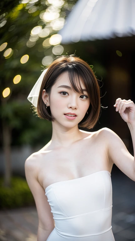 masterpiece, 8K, photoactual, optimal ratio, Detailed face, ((Audience watching)), , actual, Shapely bust, slender figure, Photo with upper body facing forward, Delicate and beautiful hair, delicate skin, RAW color art, Diffuse soft light, sharp focus, movie lighting、Smile、bride wearing、18 years old、Japanese beauty、short hair hairstyle、New York at night、、blurred background、Upper body photo、White wedding dress、short hair hairstyle、