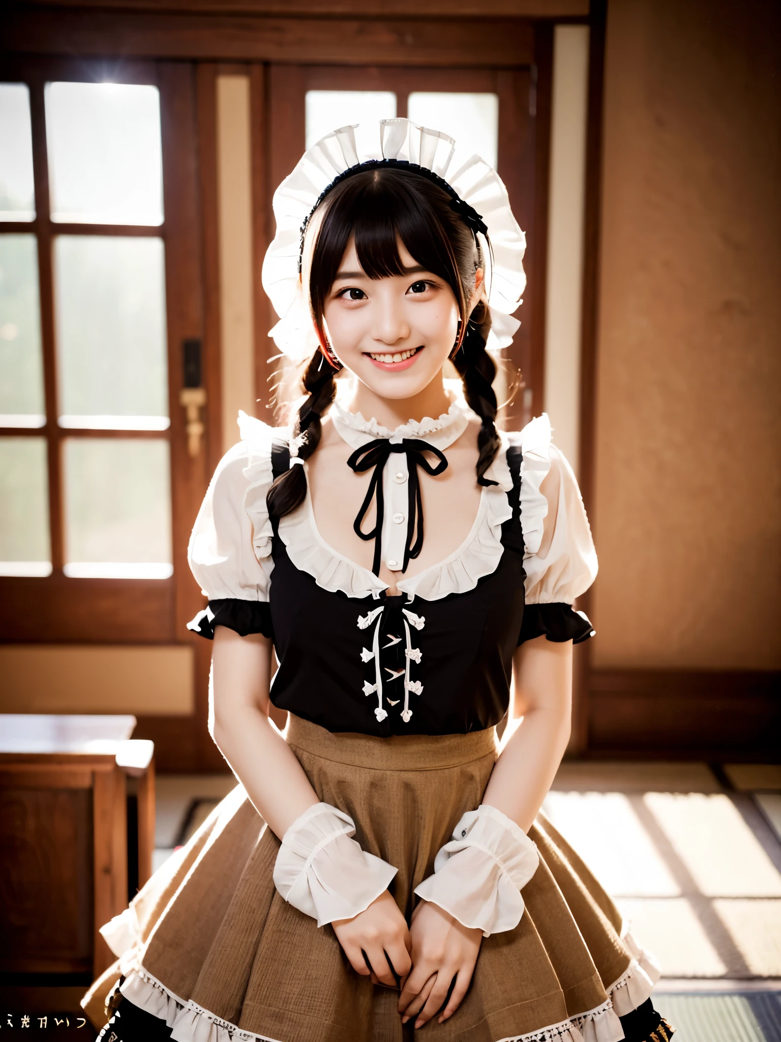 Cute face like an 18-year-old idol Smiling Kindly Japanese Gothic Lolita Cosplay Frills Maid clothes mini skirt Cleavage Slightly large bust indoor Western-style living room ((Full body portrait)) (Cinema Lighting)RAW Photos Ultra-high resolution Genuine live-action Realistic