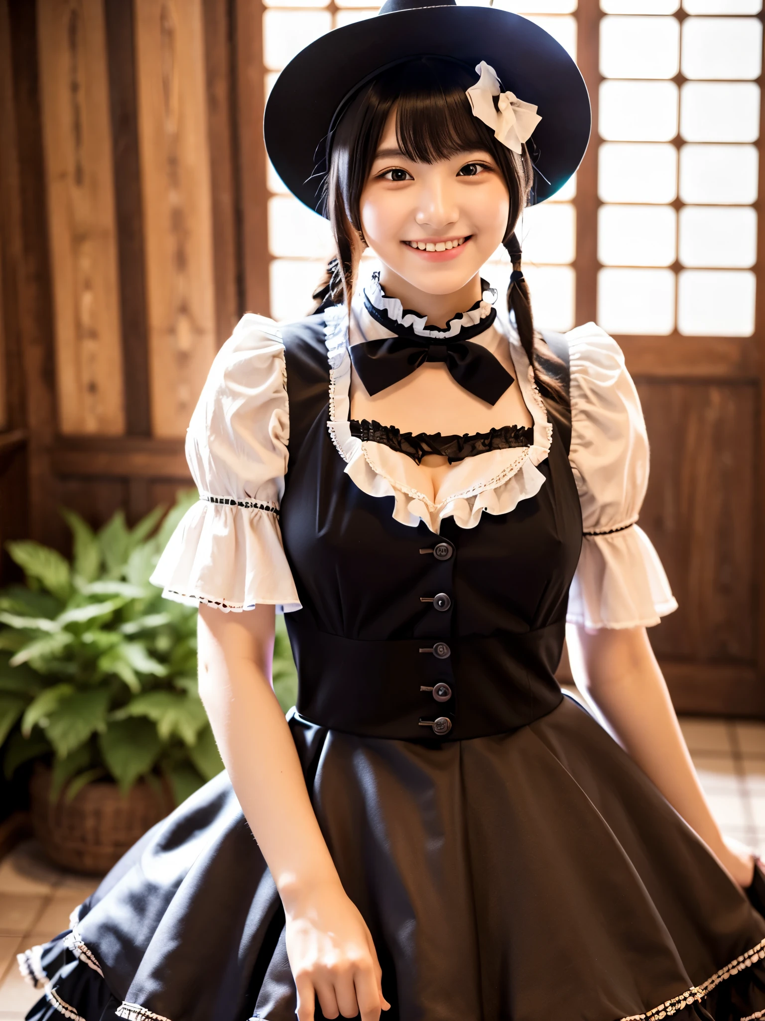 Cute face like an 18-year-old idol　Smiling Kindly　Japanese Gothic ta　Cosplay　Frills　Maid clothes　mini skirt　Cleavage　Slightly large bust　indoor　Western-style living room　((Full body portrait))　(Cinema Lighting)RAW Photos　Ultra-high resolution　Genuine　live-action　Realistic