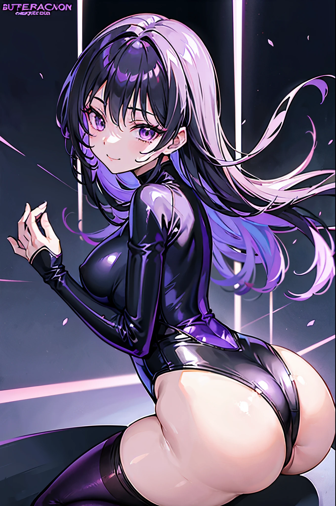highest quality　Highest quality　Draw a face carefully　High-definition anime-style face　Super Glowing Skin　Black leotard　Purple pantyhose　Succubus　lure　smile　Stroking the buttocks　Rub the butt
