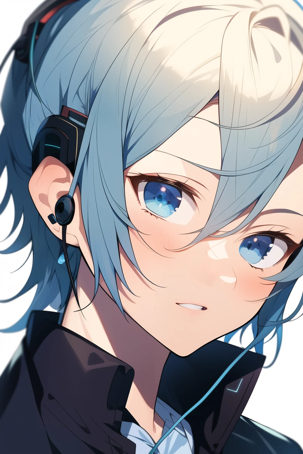 ((best quality)), ((masterpiece)), (detailed), perfect face,male,vocaloid,music,???,blue eyes,earbuds in