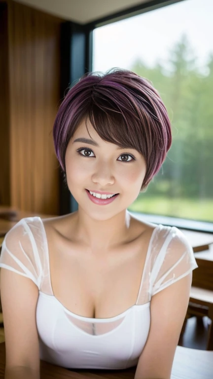 ((highest quality, 8k, Tabletop :1.3)), One girl(dye hair brown, Pixie Cut), White sheer leotard :1.1, Highly detailed face(Round face 0.5), Fine grain, double eyelid.Sharp focus: 1.2, (Enhances the beauty of skin texture:1.1).Sensual beauty.(Full Body Shot).smile.(Flat chest 1.8).RAW Photos
