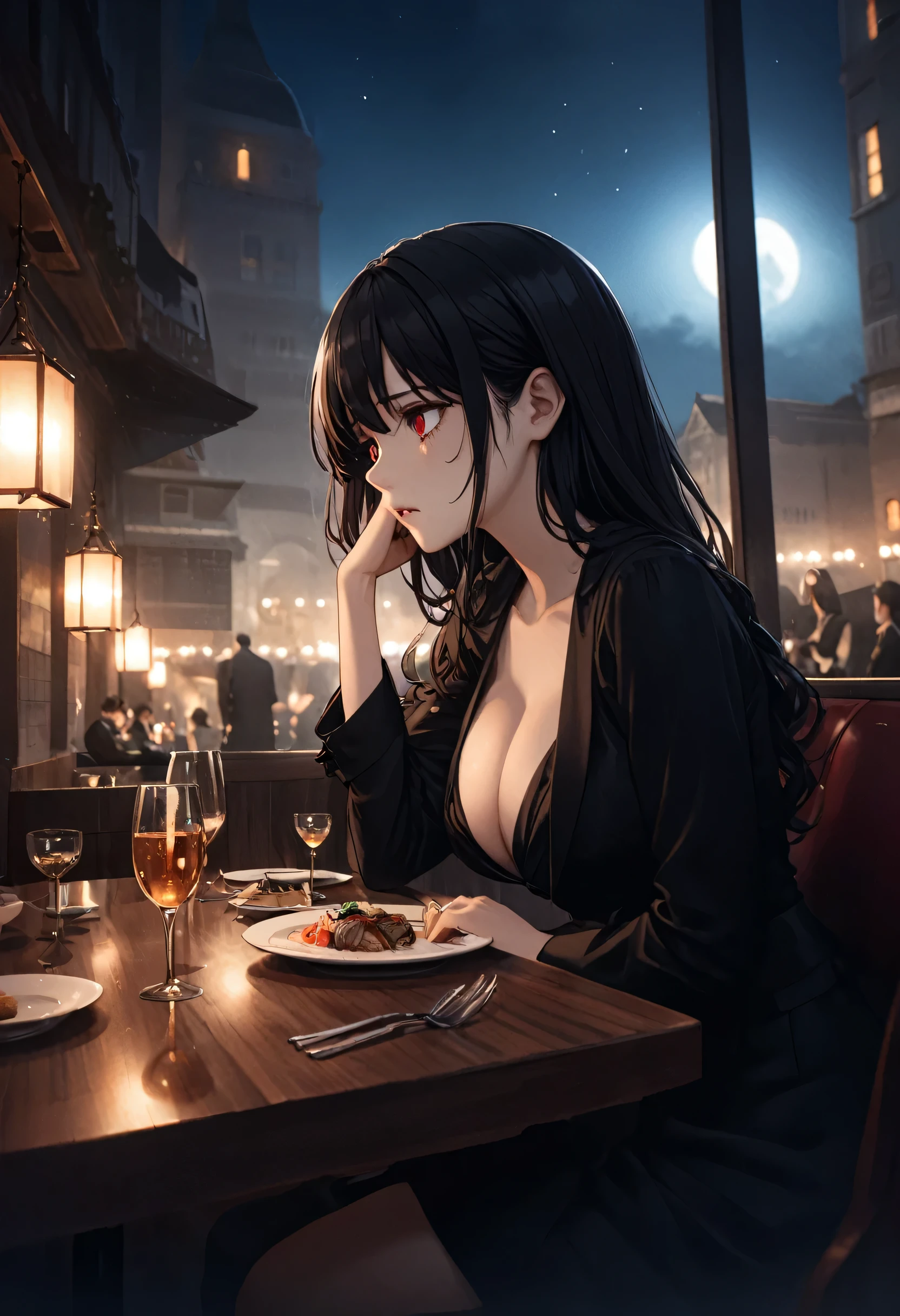 detailed illustration, dynamic angle, ultra-detailed, illustration, 1girl, late 20’s year old, dark, night, in a fancy restaurant, eating dinner at a nice table, nighttime, vampire, black dress, cleavage, red eyes, detailed eyes, long black hair, from the side, melancholy, sad, frowning, unsatisfied, depressed, well endowed, larger bust, a little drunk, noticeable cleavage