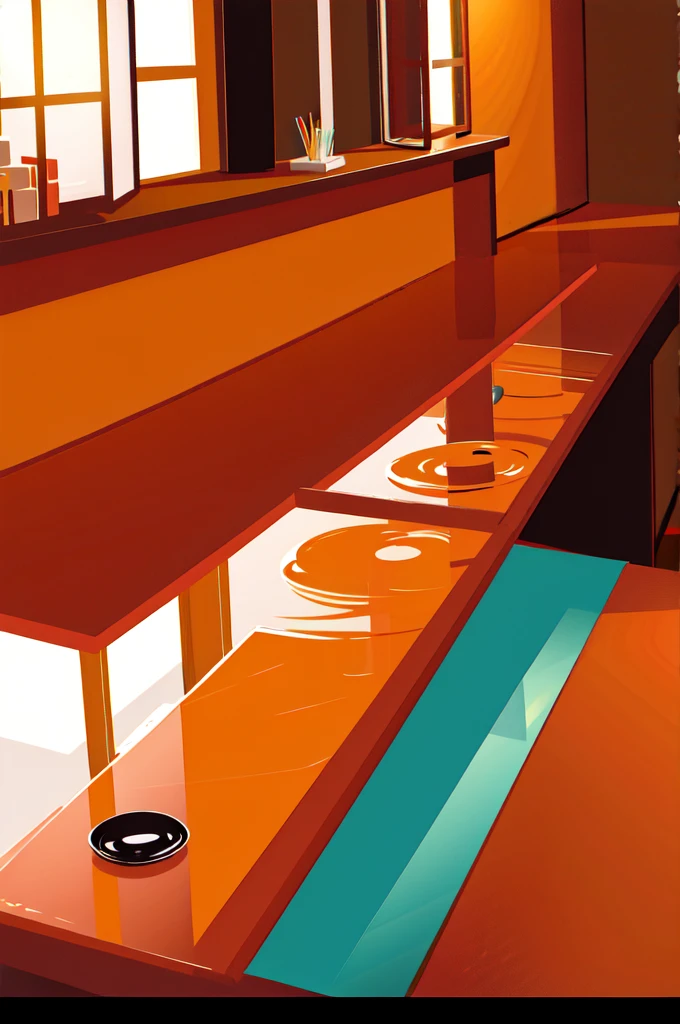 There is a glass table, paredes com textura, vermelha e amarelo, janelas grandes