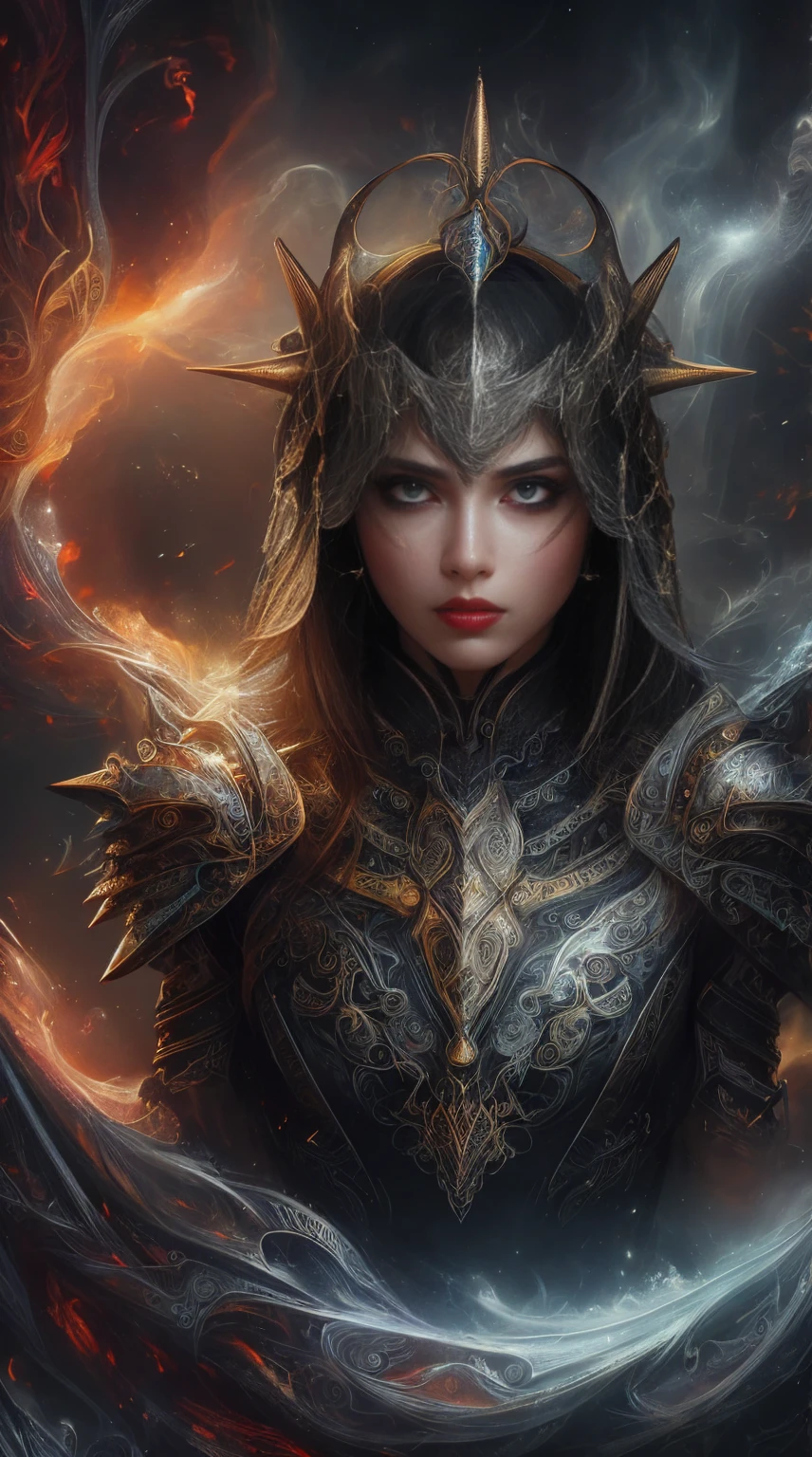 a beautiful female warrior, detailed face, piercing eyes, full lips, long eyelashes, tight-fitting outfit without neckline, metal shoulder pads with spikes, intricate armor, dramatic lighting, realistic, cinematic, dark fantasy, high detail, 8k, hyper detailed, masterpiece