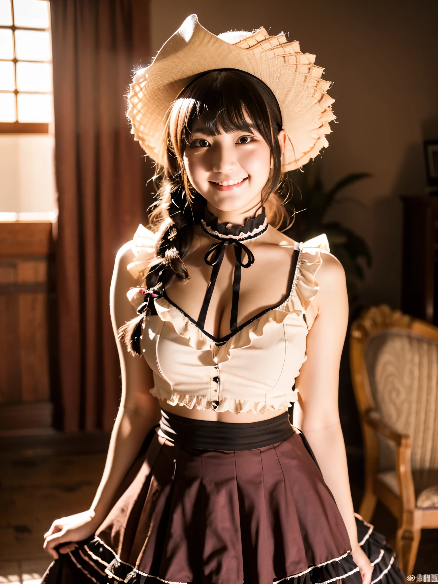 Cute face like an 18-year-old idol Smiling Kindly Japanese Gothic ta Cosplay Frills mini skirt Cleavage Slightly large bust indoor Western-style living room ((Full body portrait)) (Dim lighting) RAW Photos Ultra-high resolution Genuine live-action Realistic