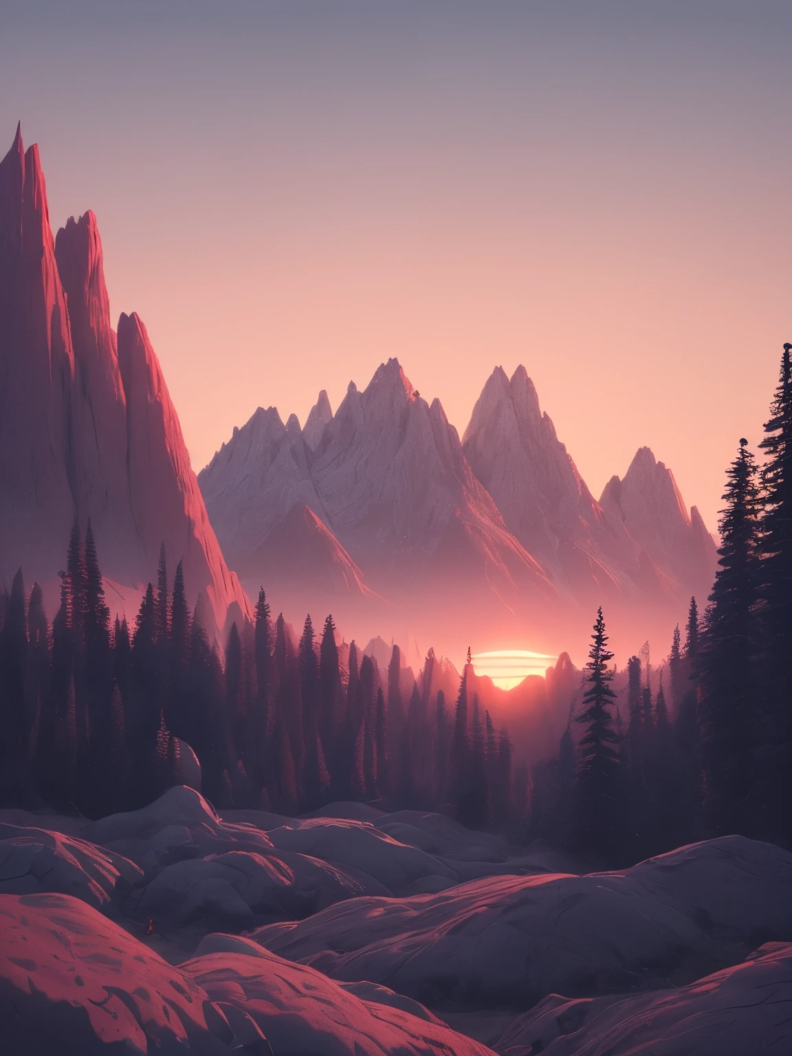 a sunset view of mountains and trees in the distance, a digital painting inspired by Mike Winkelmann, trending on behance, pixel art, beeple and mike winkelmann, realism | beeple, mountainscape, mountain sunrise, art contest winner on behance, digital art. artstation, beeple daily art, mountains and sunset!!