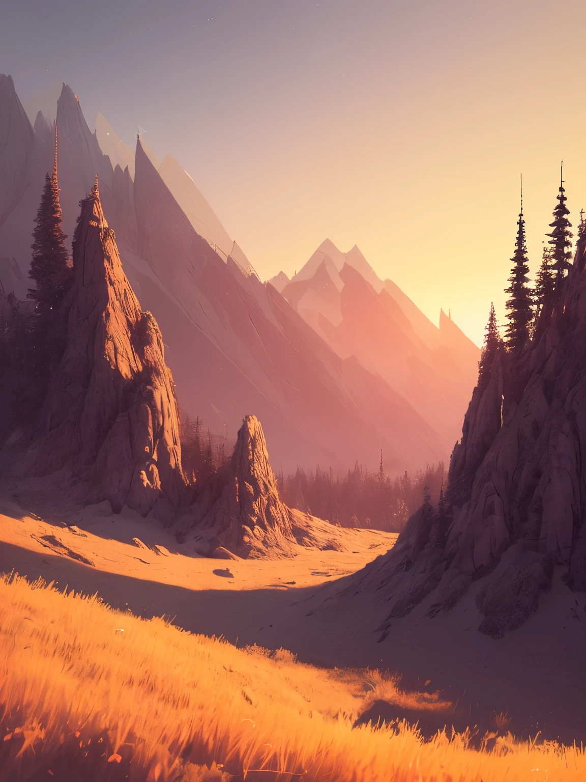 a sunset view of mountains and trees in the distance, a digital painting inspired by Mike Winkelmann, trending on behance, pixel art, beeple and mike winkelmann, realism | beeple, mountainscape, mountain sunrise, art contest winner on behance, digital art. artstation, beeple daily art, mountains and sunset!!