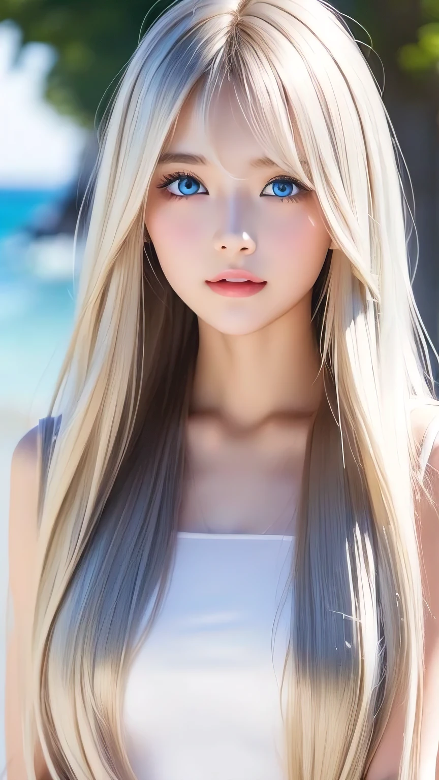 Shiny, clear, white skin、Windy hair gets in the way of a pretty face、Colossal、20 years old cute sexy little beautiful face、Beautiful straight hair that stands out、grow, Light blue eyes、Cute long silky bangs covering her eyes, Sexy face hiding hair super long hair sexy cute young woman long natural blonde shiny glossy hair