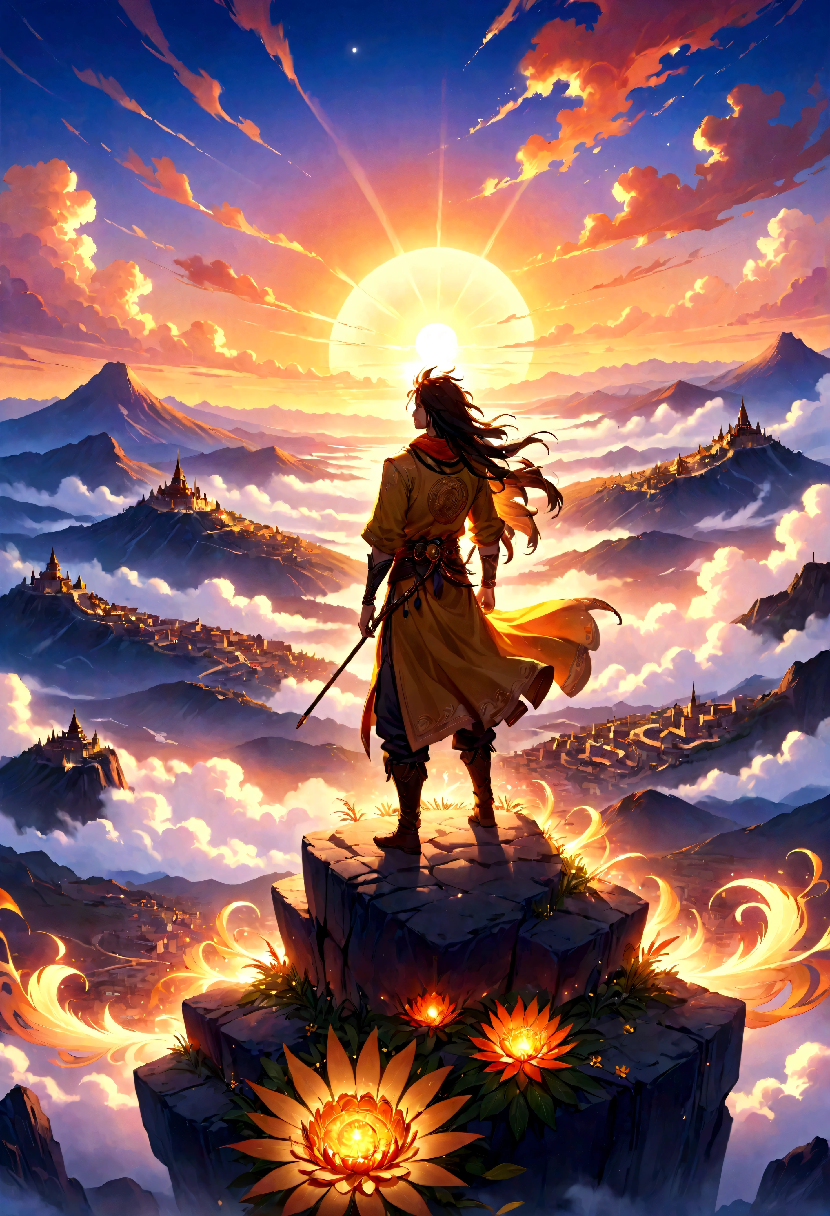 Official Art、Unified 8k wallpaper、Super detailed、Zen Tangle and Mandala Entangment Masterpieces:1.2、Dynamic angle of cowboy、Captivating the most beautiful chaotic shapes。 The magnificent Fauvist design、Bathed in the golden glow of the Sun God、Adorned with a strong cowboy, his feathers ablaze with the vibrant hues of a thousand sunsets。The whole scene is filled with the romanticism and atmosphere of the western frontier.、A distant cityscape silhouetted against a dusk background。 Lonely cowboy at sunset、