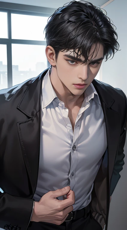 (best quality, masterpiece, 8 thousand, realistic, cinematic lighting, 1:4 HDR images, very detailed, beautiful photoature man, very handsome, ((cold expression)), black short hair, black eye, A perfect face without any mistakes, ((Buttoning my jacket, chief executive))