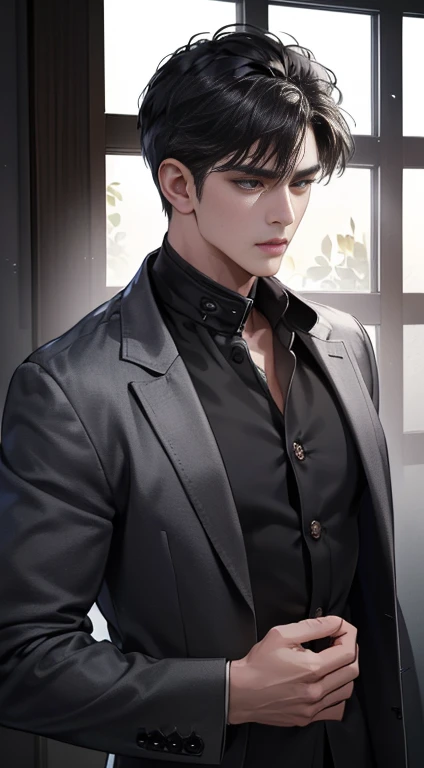 (best quality, masterpiece, 8 thousand, realistic, cinematic lighting, 1:4 HDR images, very detailed, beautiful photoature man, very handsome, ((cold expression)), black short hair, black eye, A perfect face without any mistakes, ((Buttoning my jacket, chief executive))