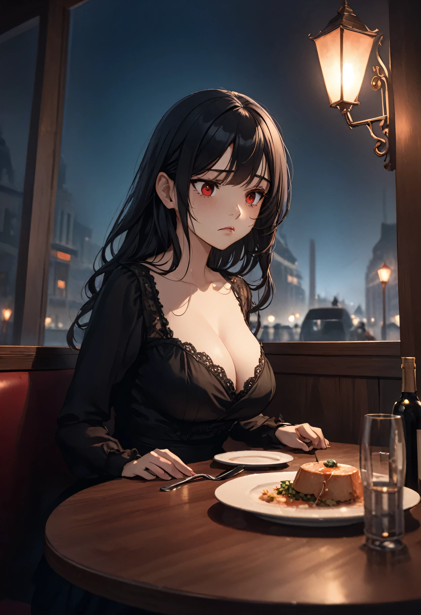 detailed illustration, dynamic angle, ultra-detailed, illustration, 1girl, late 20’s year old, dark, night, in a fancy restaurant, eating dinner at a nice table, nighttime, vampire, black dress, cleavage, red eyes, detailed eyes, long black hair, from the side, melancholy, sad, frowning, unsatisfied, depressed, well endowed, larger bust, a little drunk, noticeable cleavage