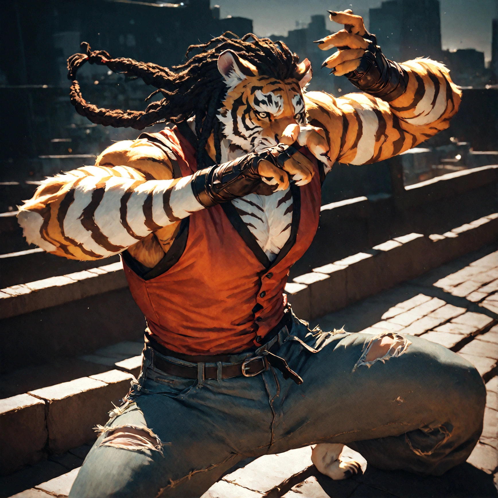 a muscular male furry tiger man, skinny, athletic, wearing leather fingerless gauntlets, long braided dreadlocks, scars and tattoos, tattered jeans, hyper detailed, 8k, photorealistic, dramatic lighting, cinematic composition, dark moody atmosphere, warm color palette has white fur on chest, is fuzzy, martial artist, action pose, on city rooftop, torn jean vest, has bloody handwraps