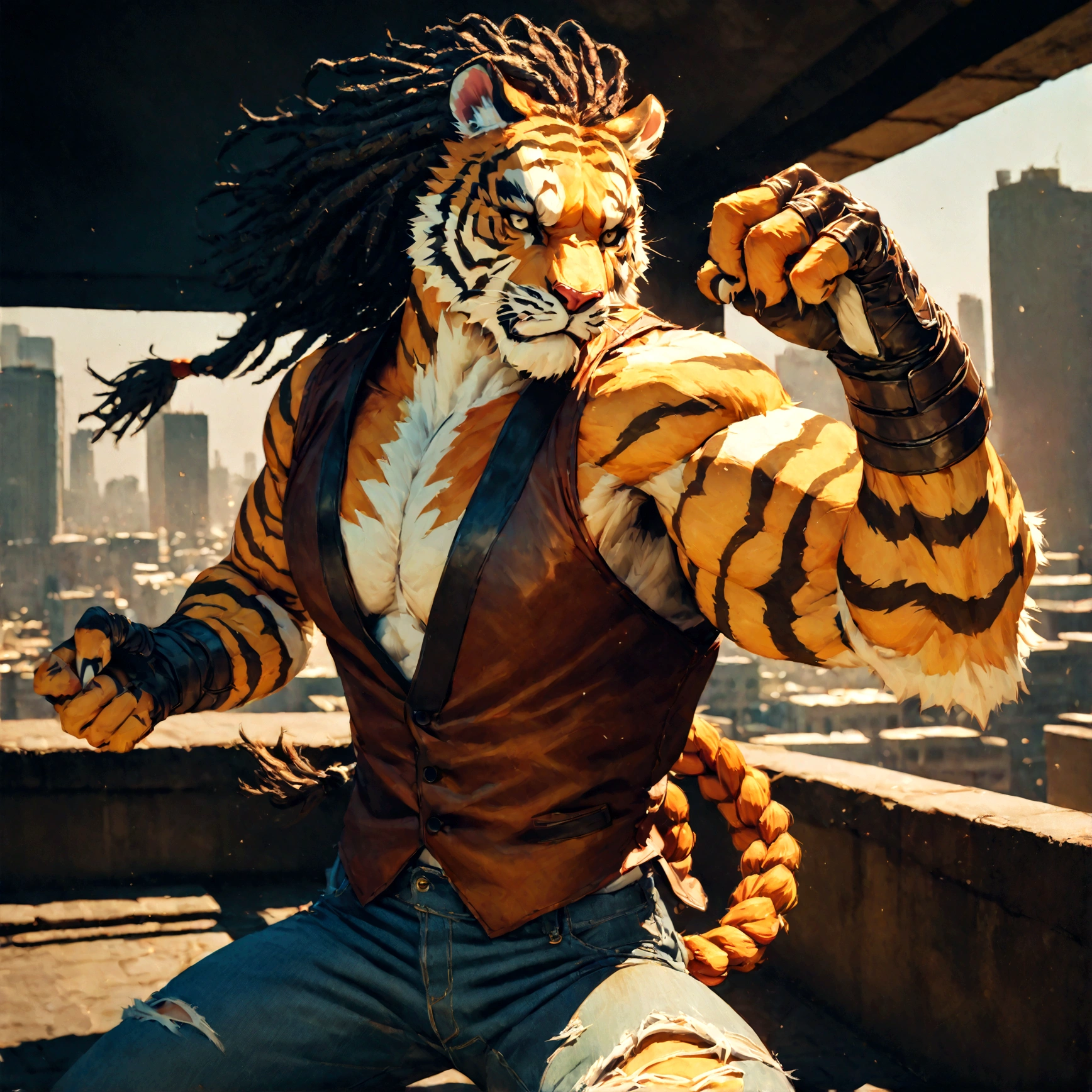 a muscular male furry tiger man, skinny, athletic, wearing leather fingerless gauntlets, long braided dreadlocks, scars and tattoos, tattered jeans, hyper detailed, 8k, photorealistic, dramatic lighting, cinematic composition, dark moody atmosphere, warm color palette has white fur on chest, is fuzzy, martial artist, action pose, on city rooftop, torn jean vest, has bloody handwraps